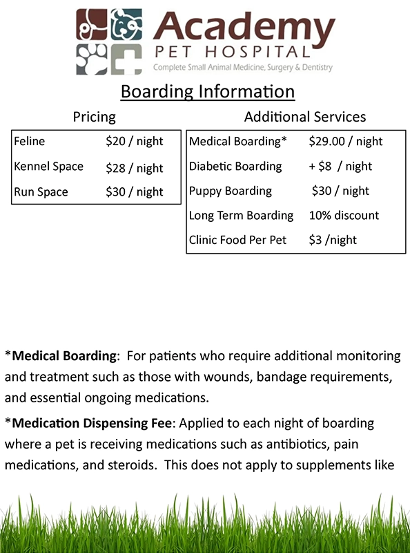 Boarding pricing chart for feline, kennel, and run spaces, plus medical, diabetic, puppy, and long-term boarding options.